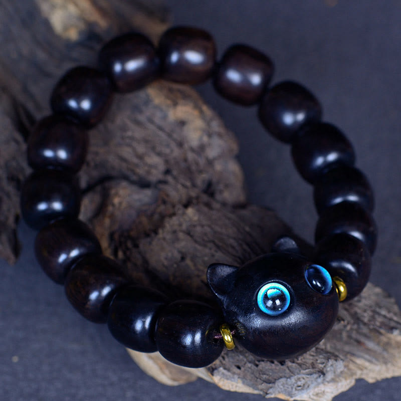 Buddha Stones Ebony Wood Liuli Glass Lovely Cat Peace Balance Bracelet