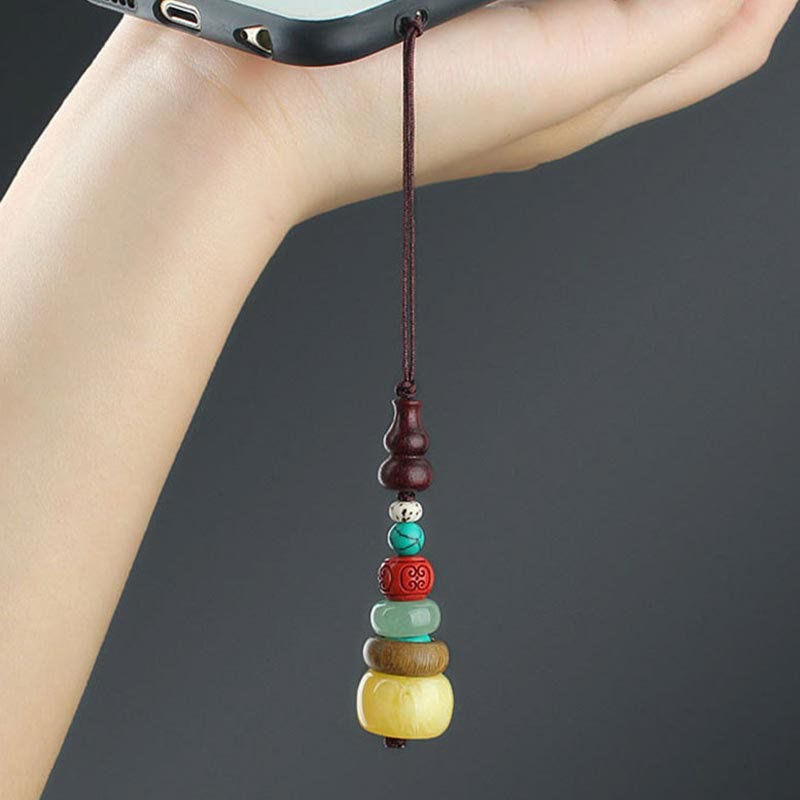 Green Sandalwood Ebony Wood Gourd Seven Layer Pagoda Positive Phone Hanging Decoration