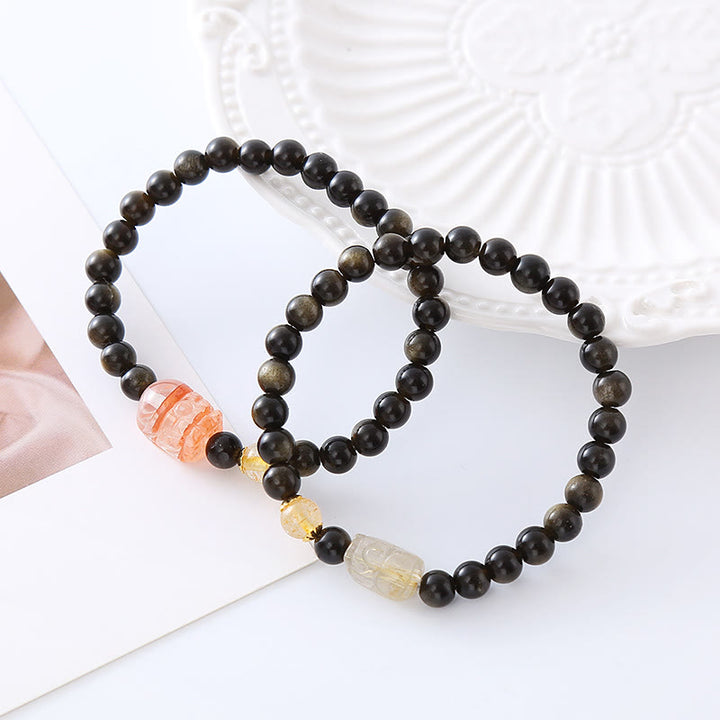 Buddha Stones Natural Gold Sheen Obsidian PiXiu Wealth Protection Bracelet