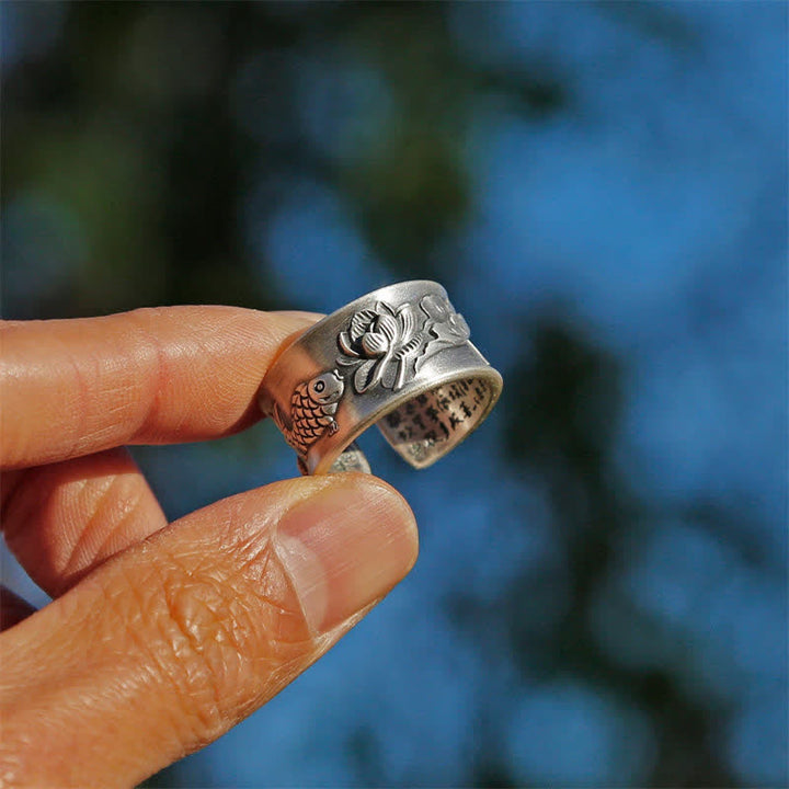 999 Sterling Silver Luck Koi Fish Lotus Heart Sutra Wealth Ring