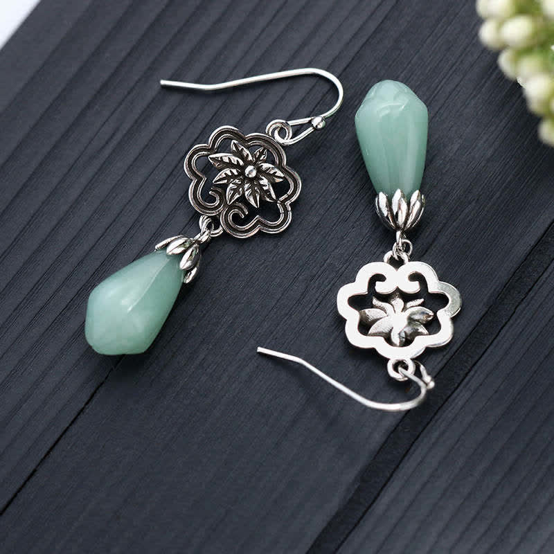 Buddha Stones Magnolia Flower Jade Water Drop Prosperity Dangle Earrings