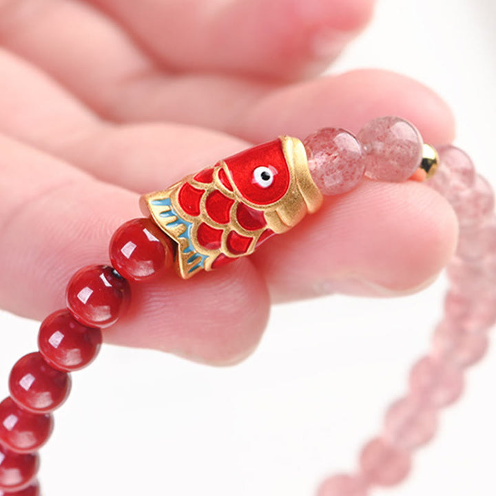 Buddha Stones Natural Strawberry Quartz Cinnabar Lucky Koi Fish Healing Bracelet