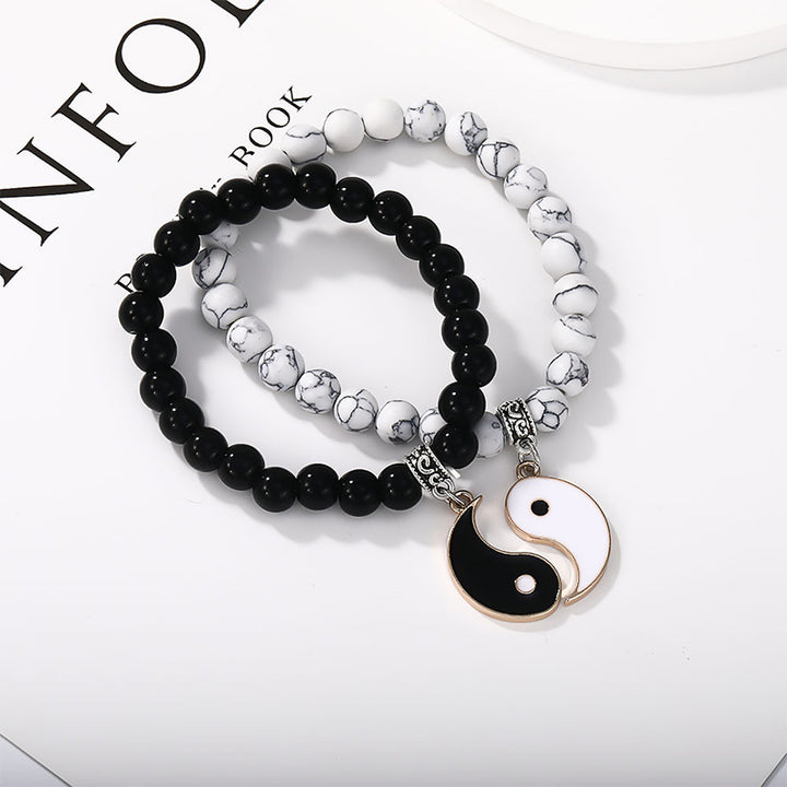 Buddha Stones 2Pcs Black Onyx White Turquoise Bead Yin Yang Protection Couple Bracelet