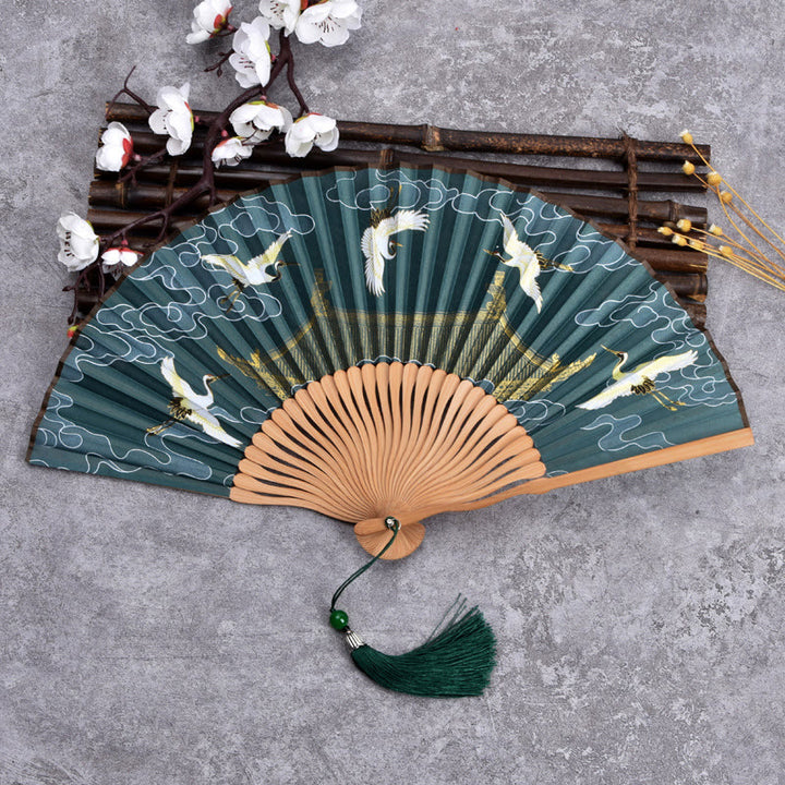 Buddha Stones Vintage Cloud Crane Pattern Handheld Bamboo Folding Fan