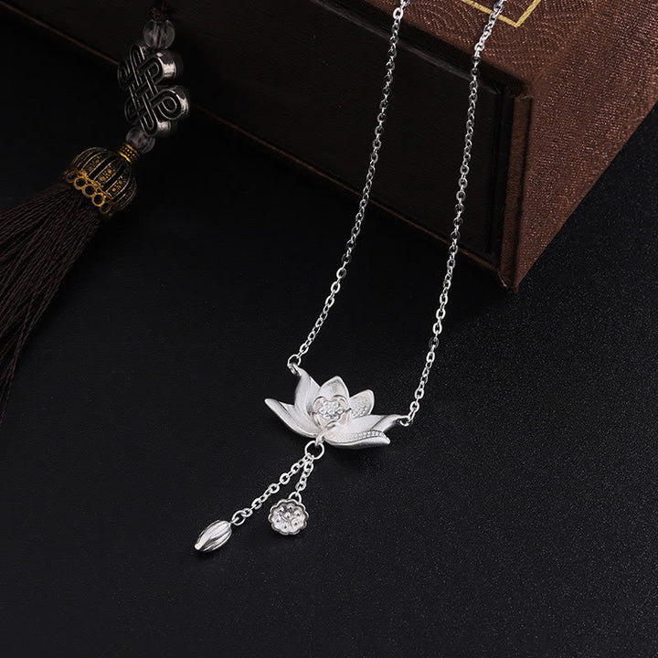 Buddha Stones 999 Sterling Silver Lotus Flower Pod Carved Enlightenment Necklace Pendant