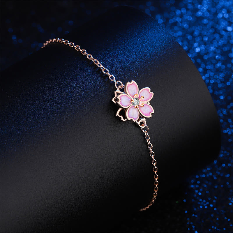 Buddha Stones 925 Sterling Silver Cherry Blossom Blessing Chain Bracelet Rotatable Ring