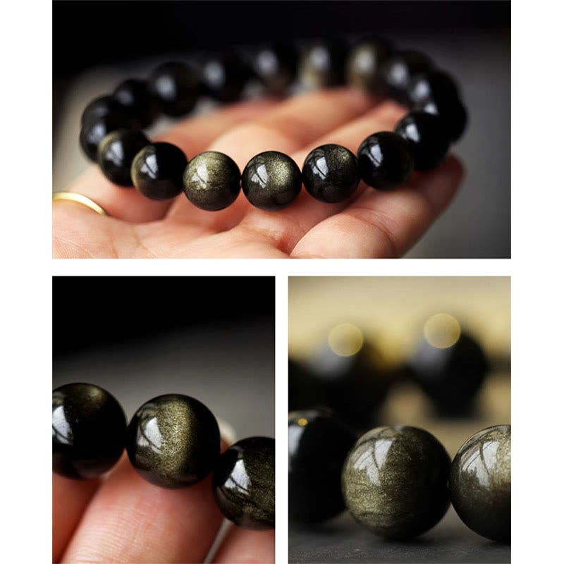 Buddha Stones 925 Sterling Silver Chinese Zodiac Natal Buddha Natural Gold Sheen Obsidian Amber Wealth Protection Bracelet