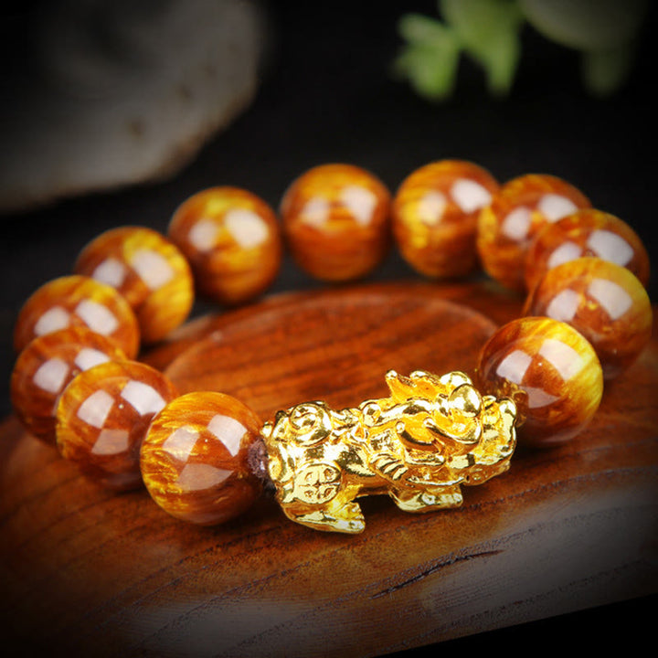 Buddha Stones Lucky Golden Tiger Eye Abundant Pixiu Bracelet