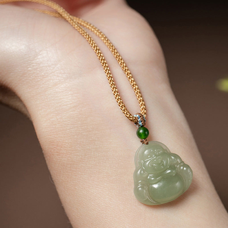 Laughing Buddha Jade Lotus Prosperity String Necklace Pendant