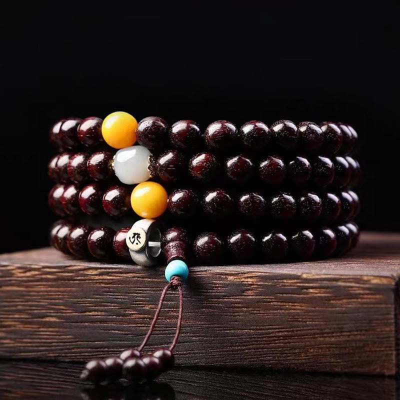 Buddha Stones 108 Mala Beads Chinese Zodiac Natal Buddha Small Leaf Red Sandalwood Gray Jade Protection Bracelet