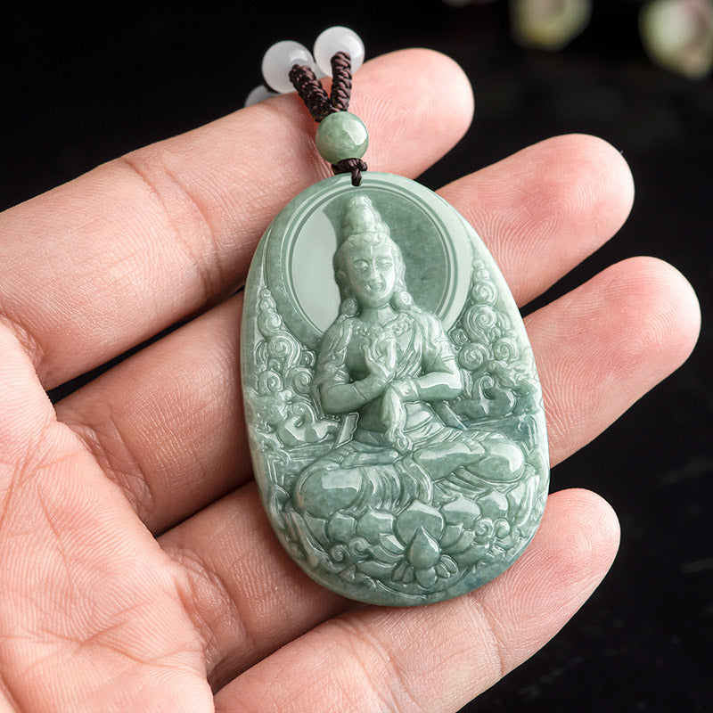 Buddha Stones Natural Jade Avalokitesvara Amulet Wealth Necklace Pendant