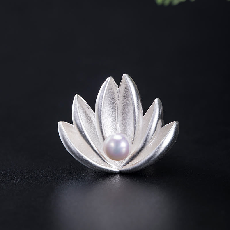 Buddha Stones 925 Sterling Silver Lotus Flower Pearl New Beginning Brooch