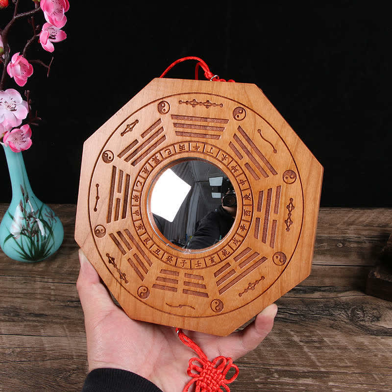 Feng Shui Bagua Map Peach Wood Five-Emperor Coins Chinese Knotting Balance Energy Map Mirror