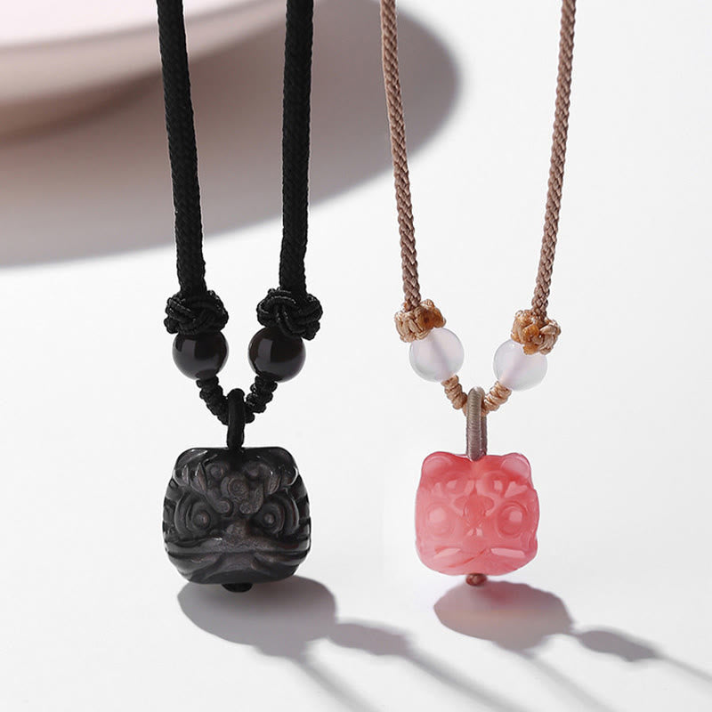 Buddha Stones Natural Silver Sheen Obsidian Red Agate Dancing Lion Protection Necklace Pendant