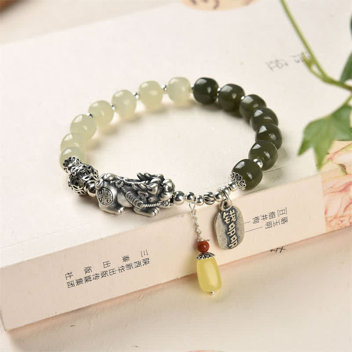 925 Sterling Silver Natural Hetian Jade Amber PiXiu Luck Bracelet