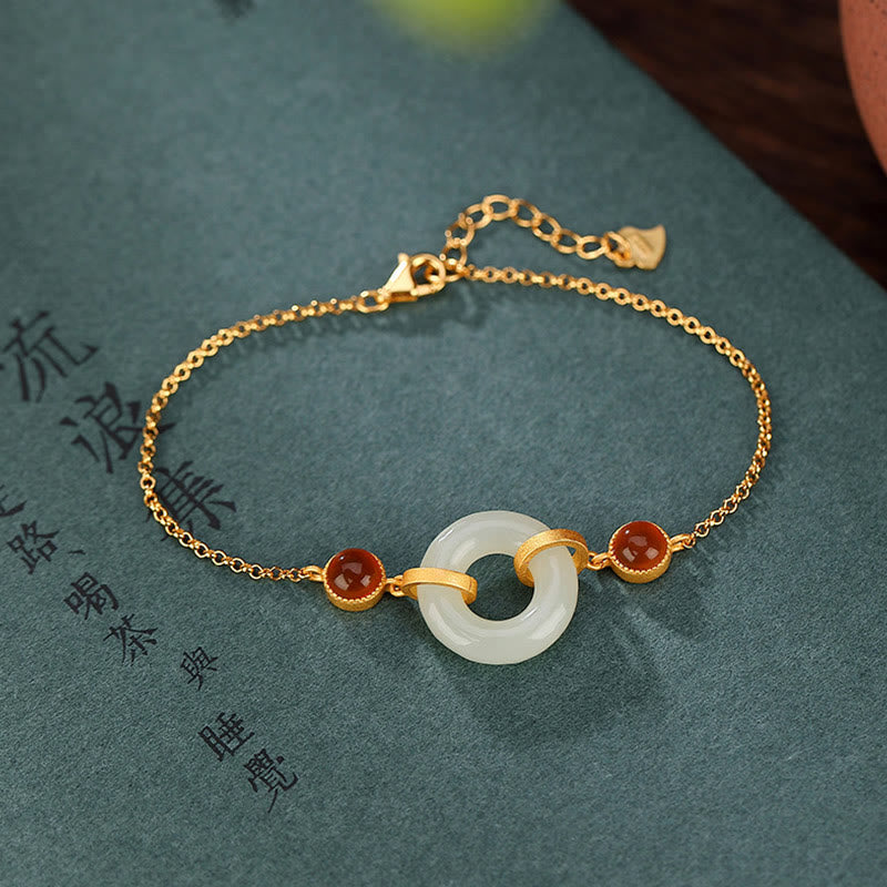 Buddha Stones 925 Sterling Silver Plated Gold Natural Hetian Jade Peace Buckle Red Agate Luck Bracelet