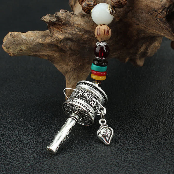 Buddha Stones Tibetan Om Mani Padme Hum Prayer Wheel Rotation Vajra Wood Necklace Pendant