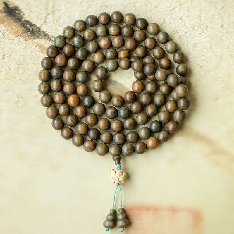 Buddha Stones 108 Mala Beads Green Sandalwood Boxwood Lotus Positive Bracelet