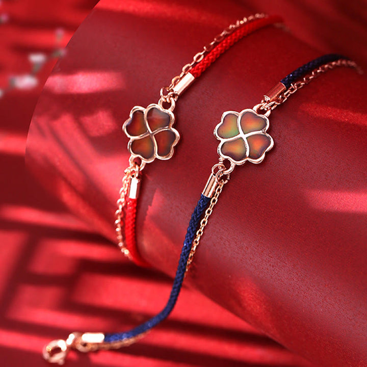 Buddha Stones 925 Sterling Silver Color-changing Four Leaf Clover Luck Protection Red String Bracelet