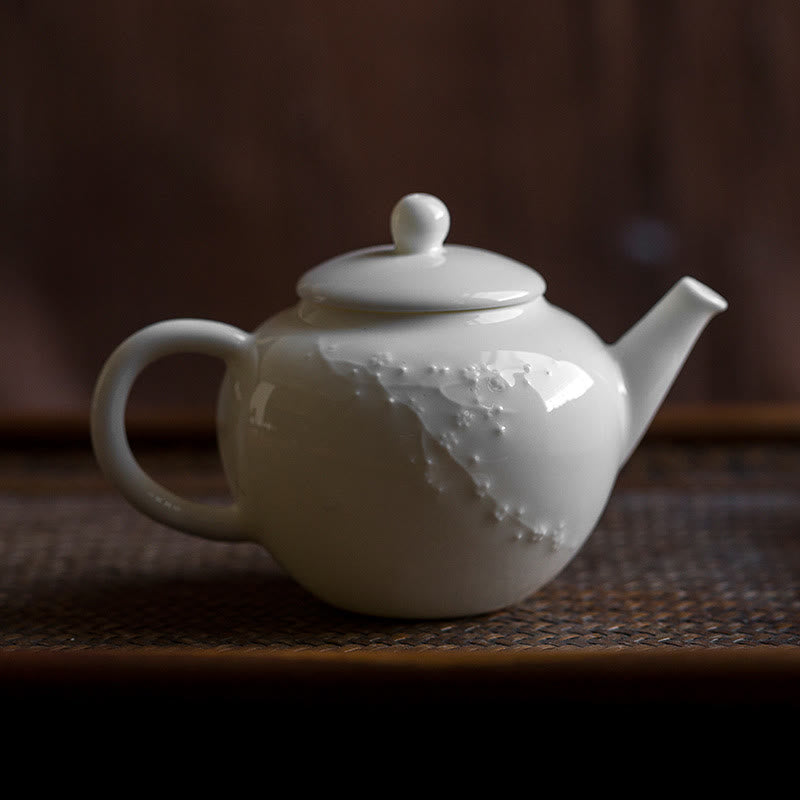 White Plum Pine Bamboo Engraved Design Ceramic Teapot