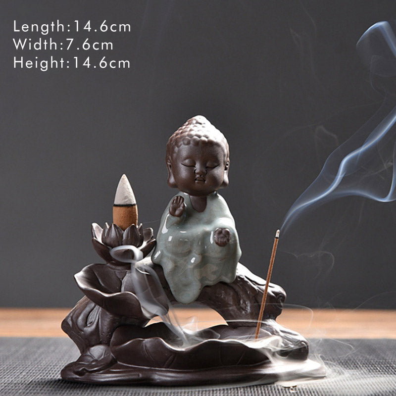 Buddha Stones Little Monk Ceramic Lotus Blessing Incense Burner Decoration