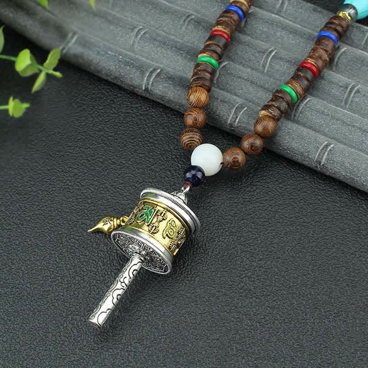 Buddha Stones Tibetan Om Mani Padme Hum Prayer Wheel Rotation Vajra Wood Necklace Pendant