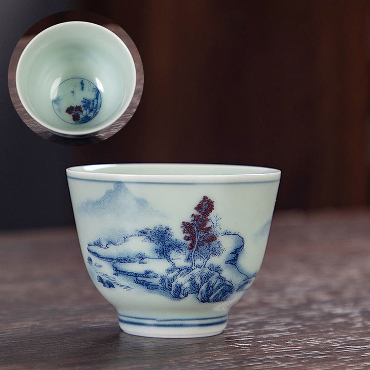 Buddha Stones Blue Landscape Mountains Lotus Cute Cat Pavilions Magnolia Reed Egrets Ceramic Teacup Small Kung Fu Tea Cup