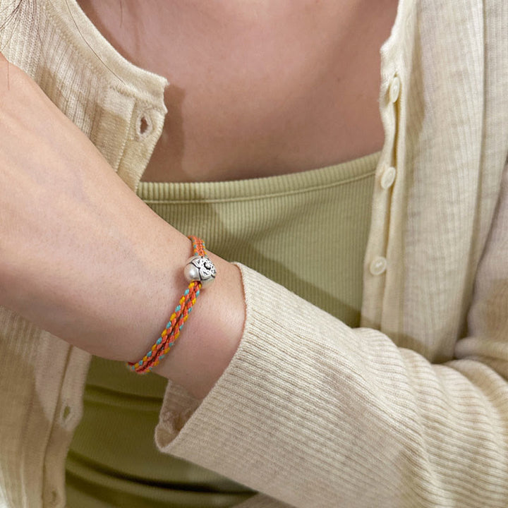 Buddha Stones 999 Sterling Silver Persimmon Luck Multicolored Braided Bracelet