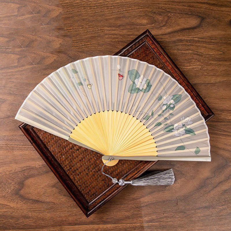 Buddha Stones Jasmine Lotus Begonia Flowers Handheld Bamboo Folding Fan