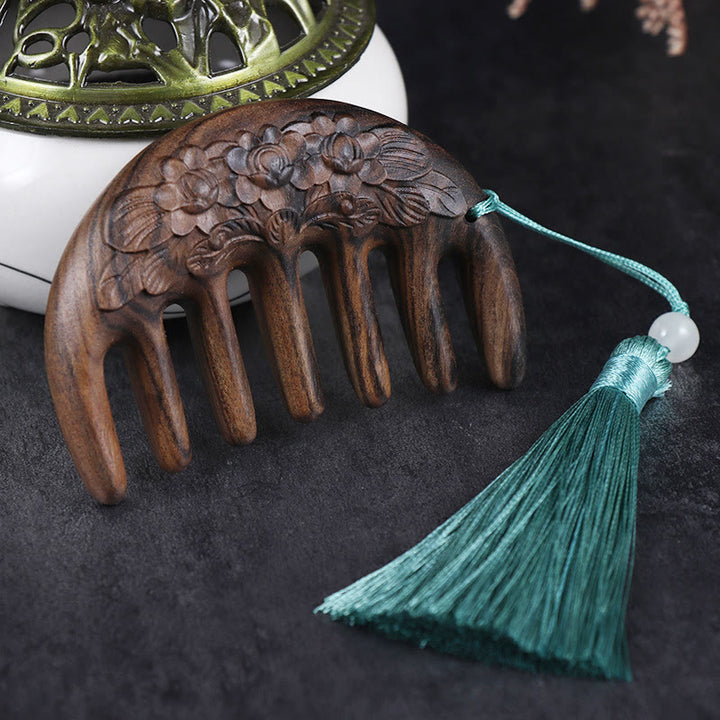 Green Sandalwood Plum Blossom Flowers Lotus Koi Fish Engraved Soothing Tassel Comb