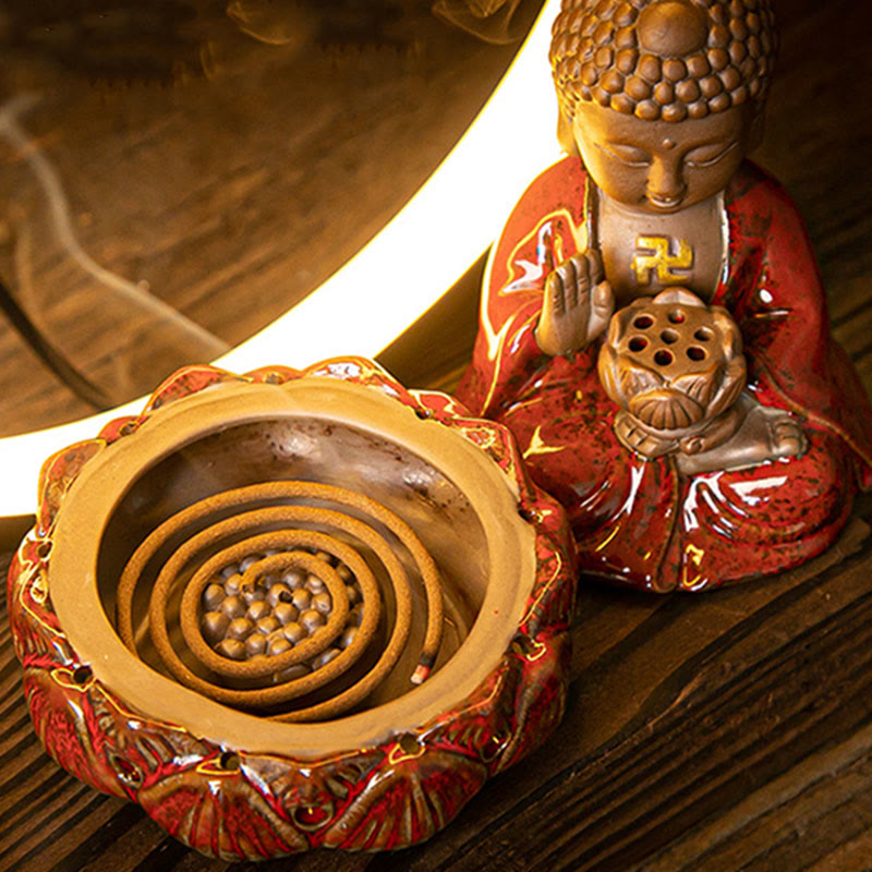 Buddha Stones Buddha Lotus Backflow Smoke Fountain Ceramic Blessing Incense Burner With Light Decoration