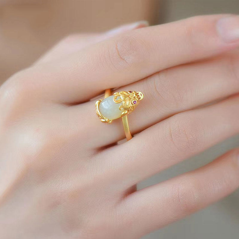 Buddha Stones 18k Gold-plated Pixiu Jade Wealth Ring