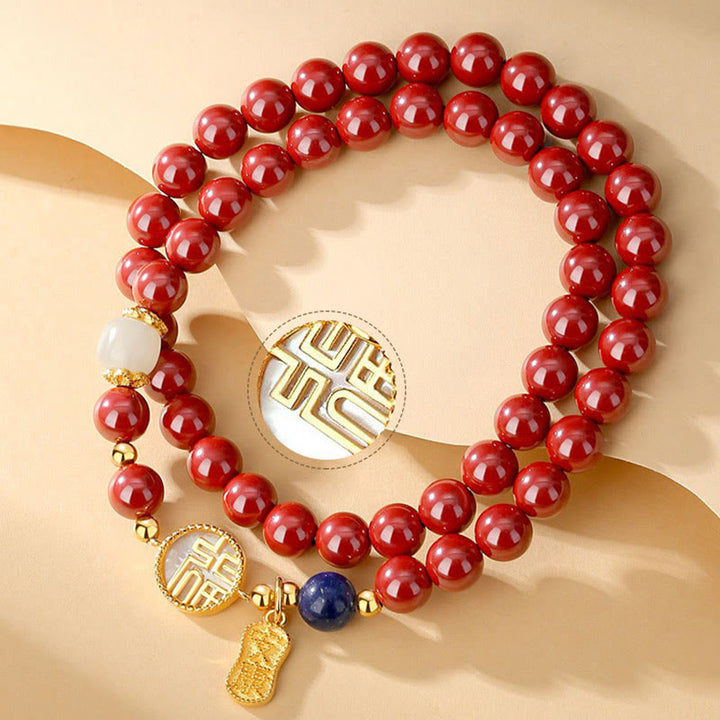 Buddha Stones 925 Sterling Silver Cinnabar Tridacna Stone Fu Character Double Wrap Blessing Bracelet