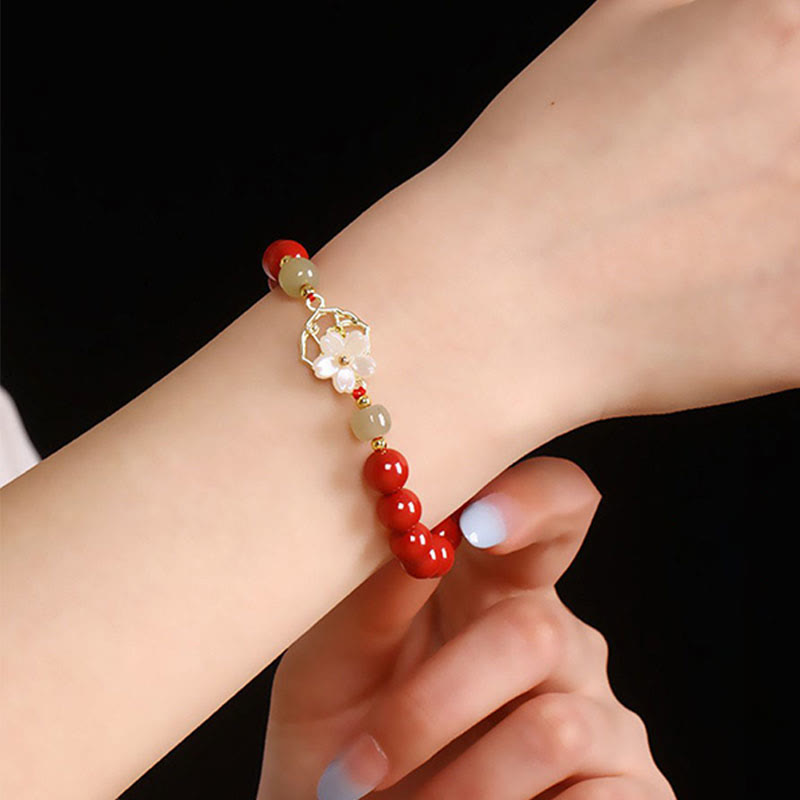 Buddha Stones Natural Cinnabar Jade Beaded Tridacna Stone Flower Blessing Bracelet