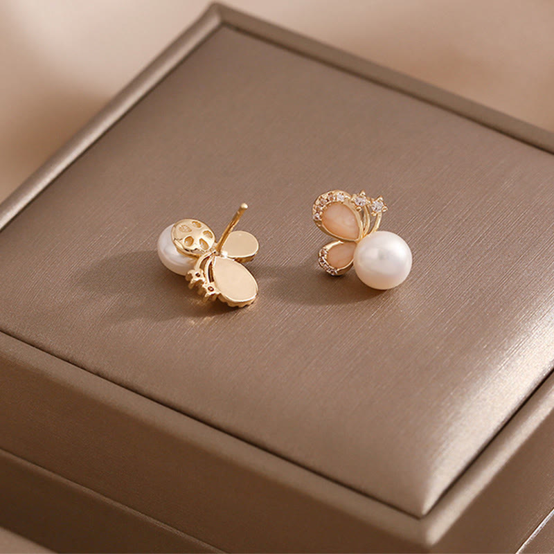 Buddha Stones 18K Gold Pearl Butterfly Love Freedom Stud Earrings