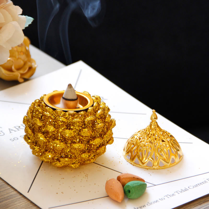 Gold Pine Cone Pattern Spiritual Rituals Mini Incense Burner Home Tabletop Decor