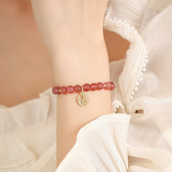 Buddha Stones 14K Gold Plated Strawberry Quartz Fu Character Healing Charm Bracelet