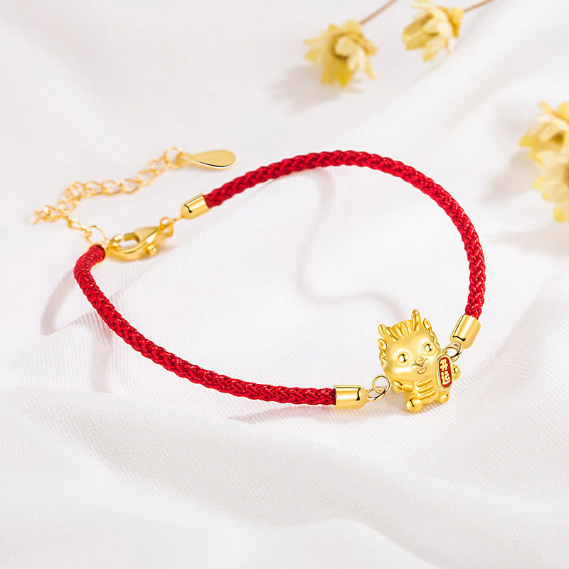 Buddha Stones 925 Sterling Silver Year Of The Dragon Lucky Golden Dragon Strength Red Rope Chain Bracelet