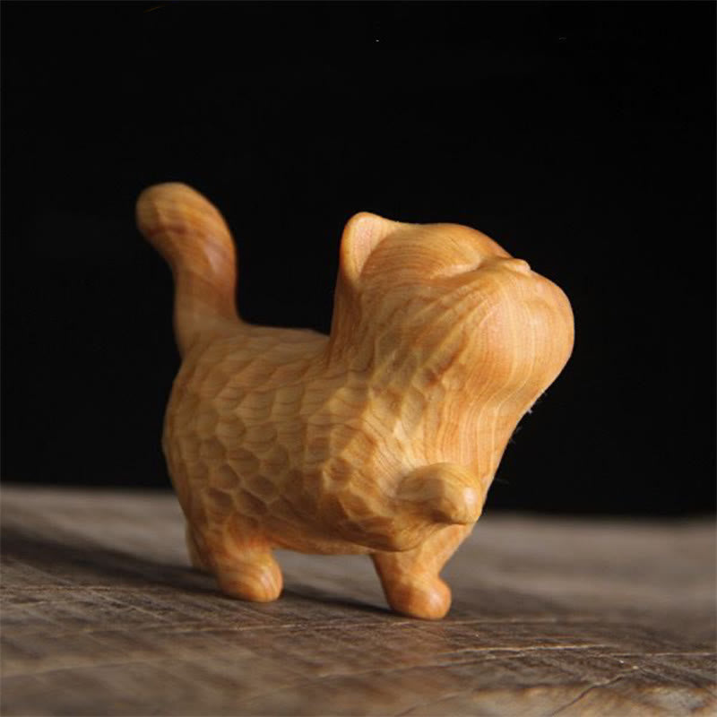 Buddha Stones Mini Thuja Sutchuenensis Boxwood Cute Cat Kitten Carved Prosperity Decoration