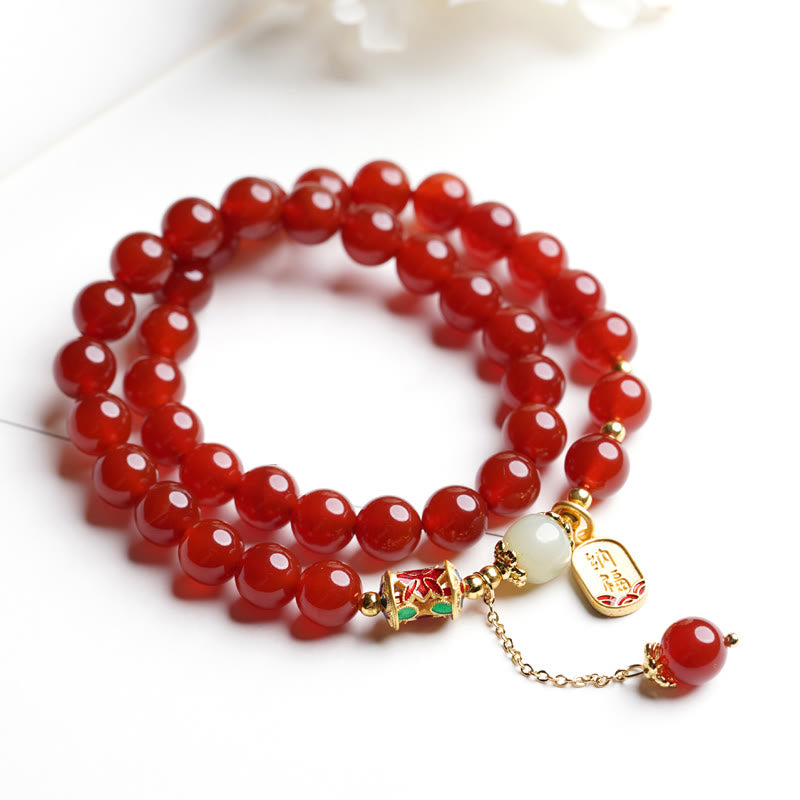 Buddha Stones Natural Red Agate Hetian Jade Fu Character Confidence Charm Bracelet