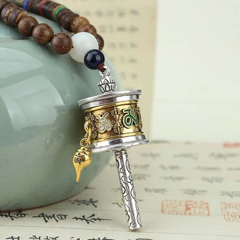 Buddha Stones Tibetan Om Mani Padme Hum Prayer Wheel Rotation Vajra Wood Necklace Pendant