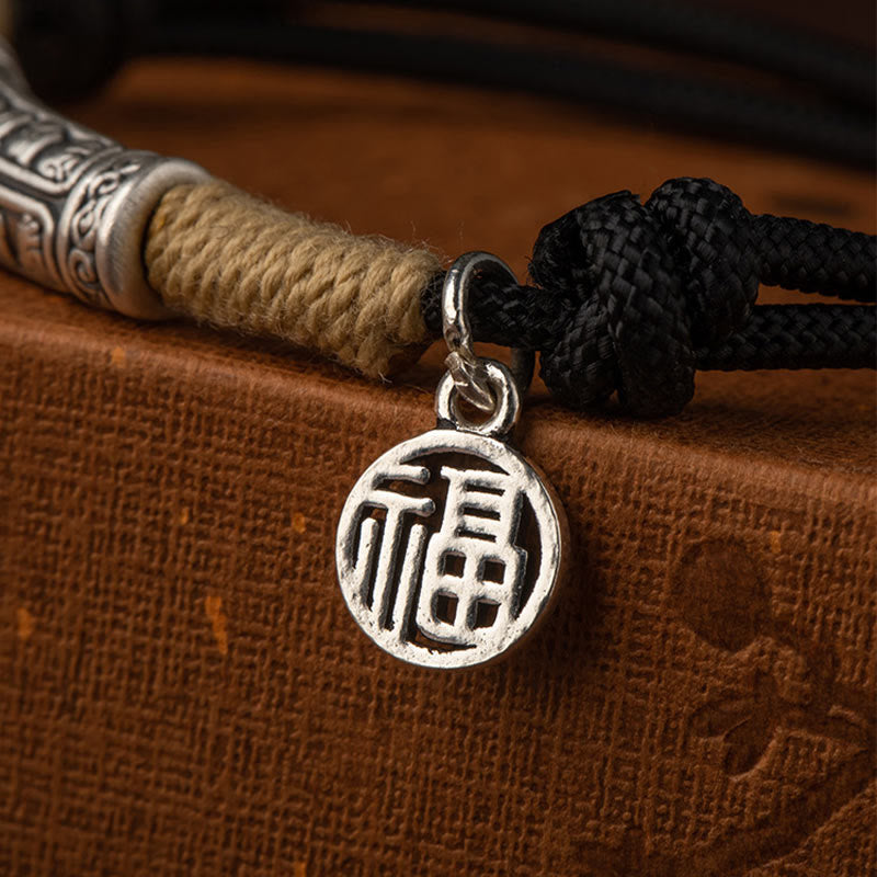 Buddha Stones 999 Sterling Silver Tibet Handmade Om Mani Padme Hum Fu Character TopRank Character Luck Braided Bracelet