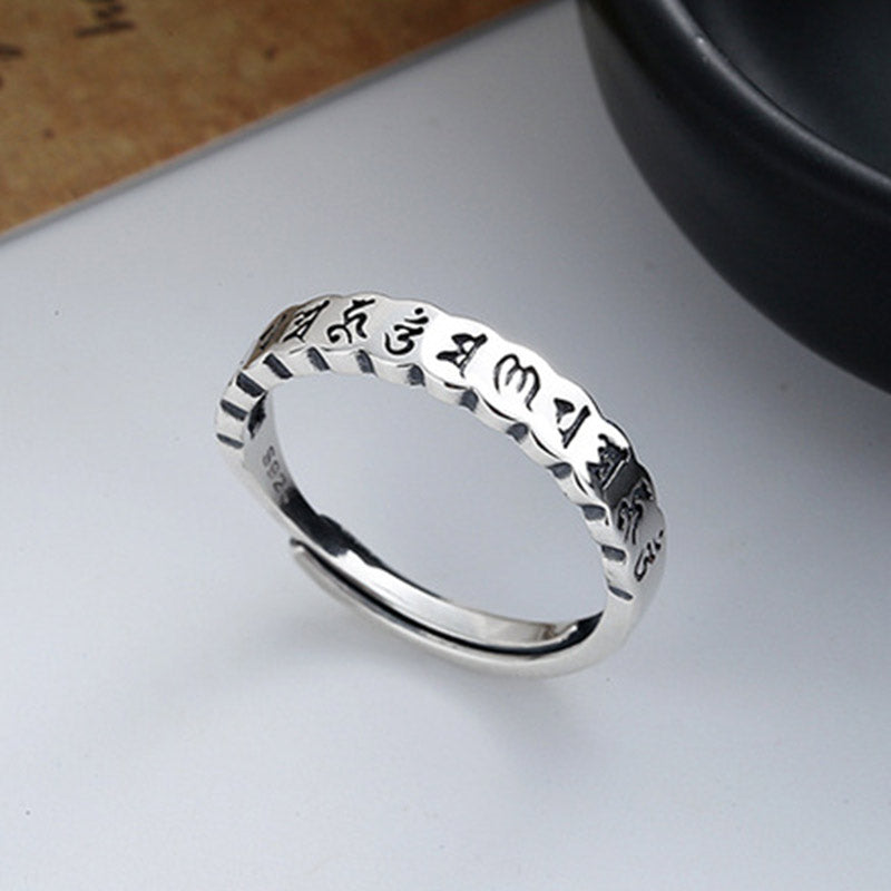 Buddha Stones 925 Sterling Silver Six True Words Calm Wisdom Ring