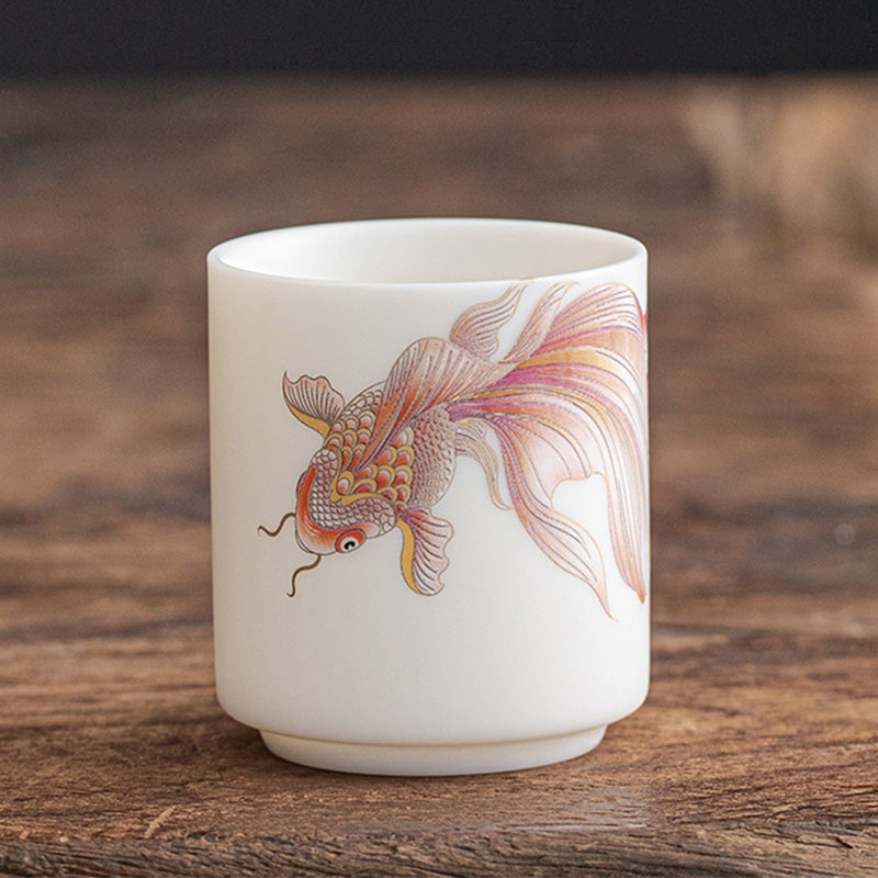 Buddha Stones Koi Fish White Porcelain Ceramic Teacup Kung Fu Tea Cup