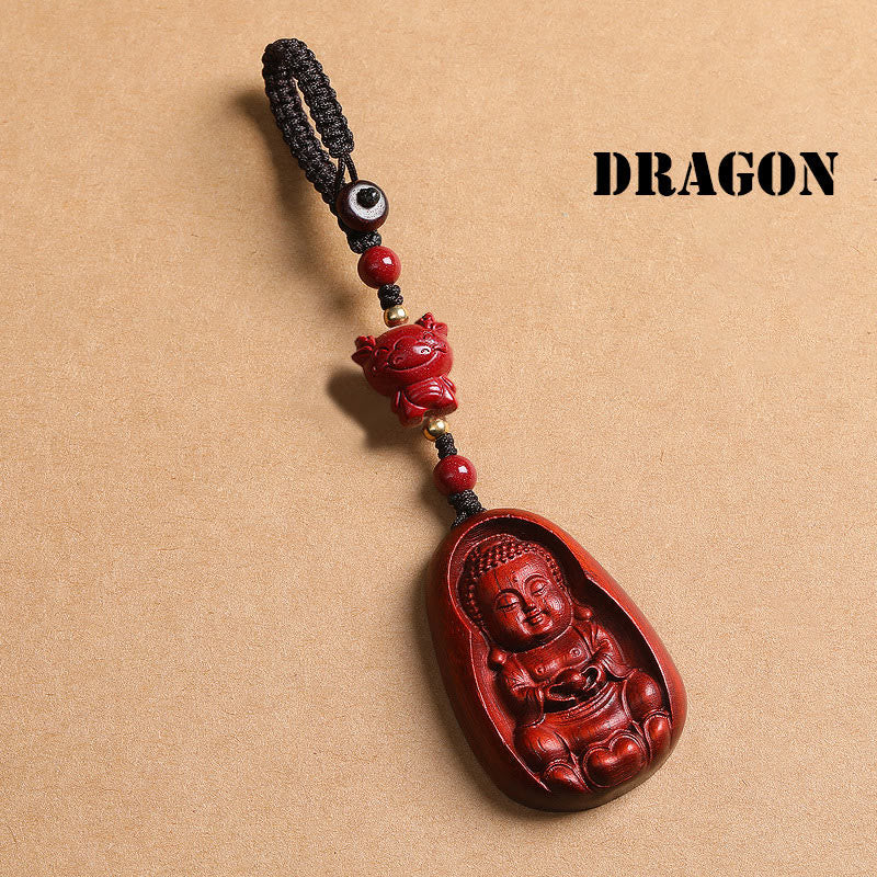 Buddha Stones Small Leaf Red Sandalwood Buddha Cinnabar Chinese Zodiac Amulet Protection Key Chain