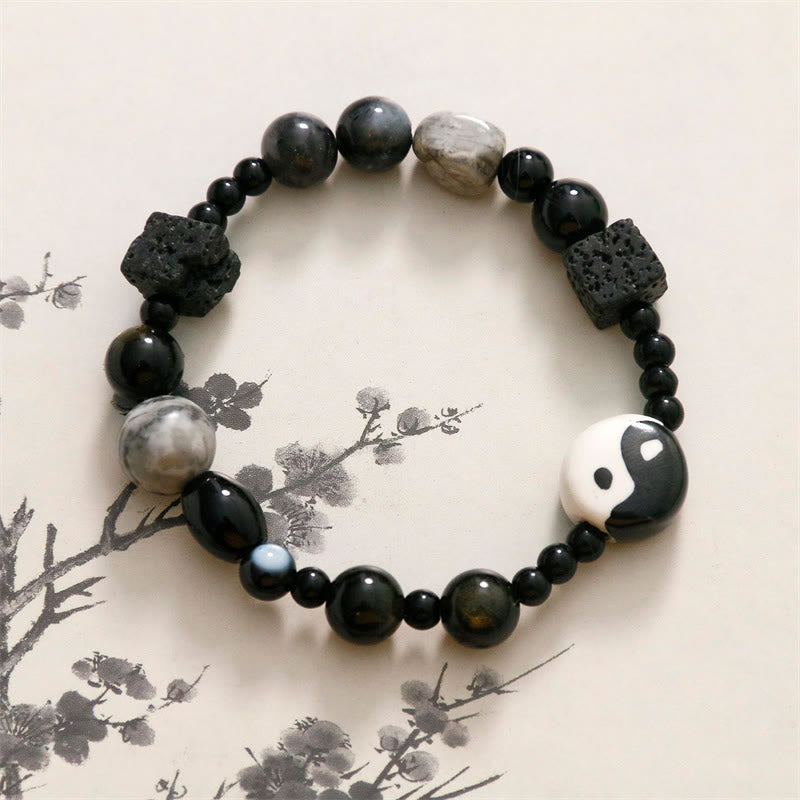 Buddha Stones Black Onyx Picasso Jasper Bead Yin Yang Fortune Protection Bracelet