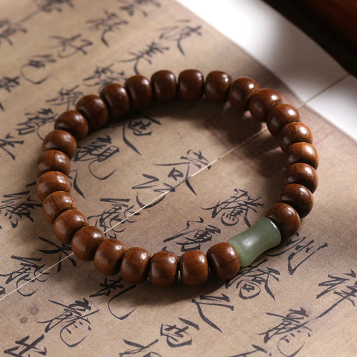 Buddha Stones Natural Abelia Biflora Wood Hetian Jade Bamboo Bead Warding Off Evil Spirits Bracelet