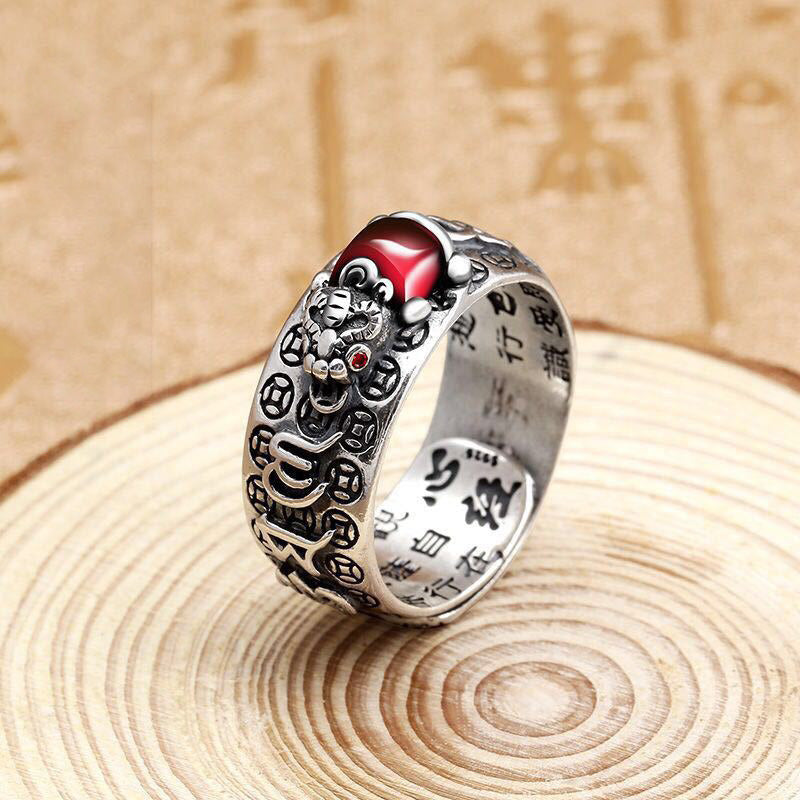 Genstone PiXiu Feng Shui Frog Vajra Dorje Heart Sutra Wealth Adjustable Ring