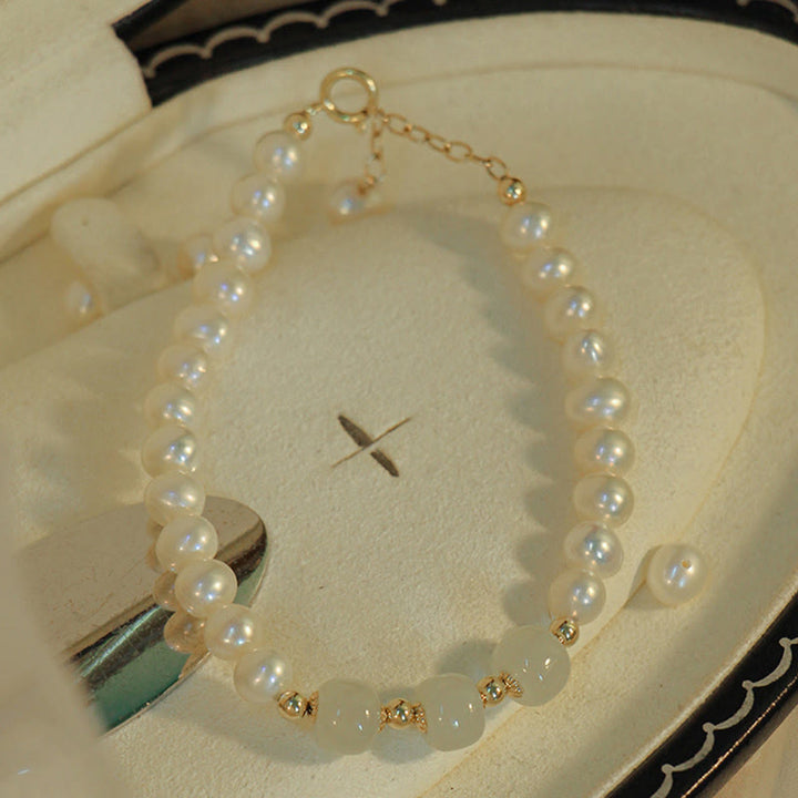 14K Gold Plated Natural Pearl Hetian Cyan Jade White Jade Sincerity Bead Chain Bracelet