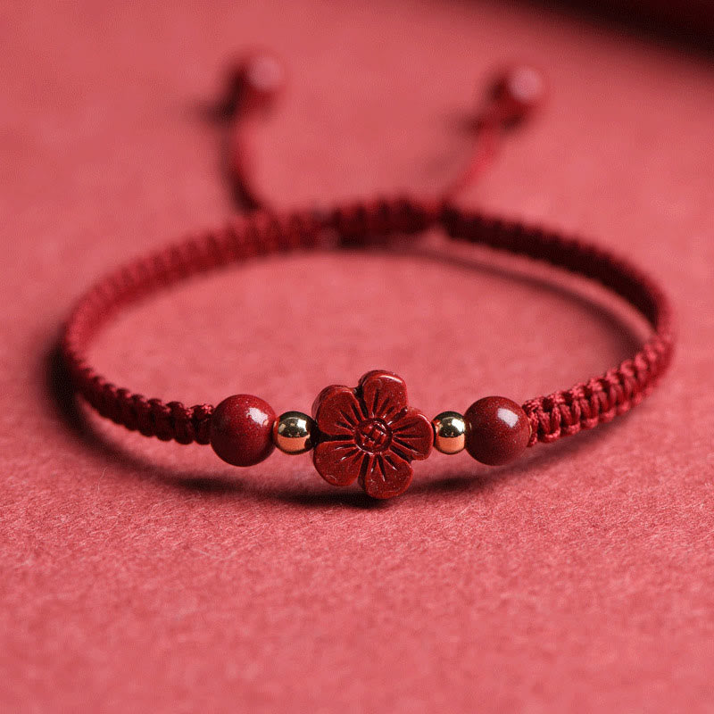 Buddha Stones Four Leaf Clover Five-petal Flower Cinnabar Blessing Red String Bracelet